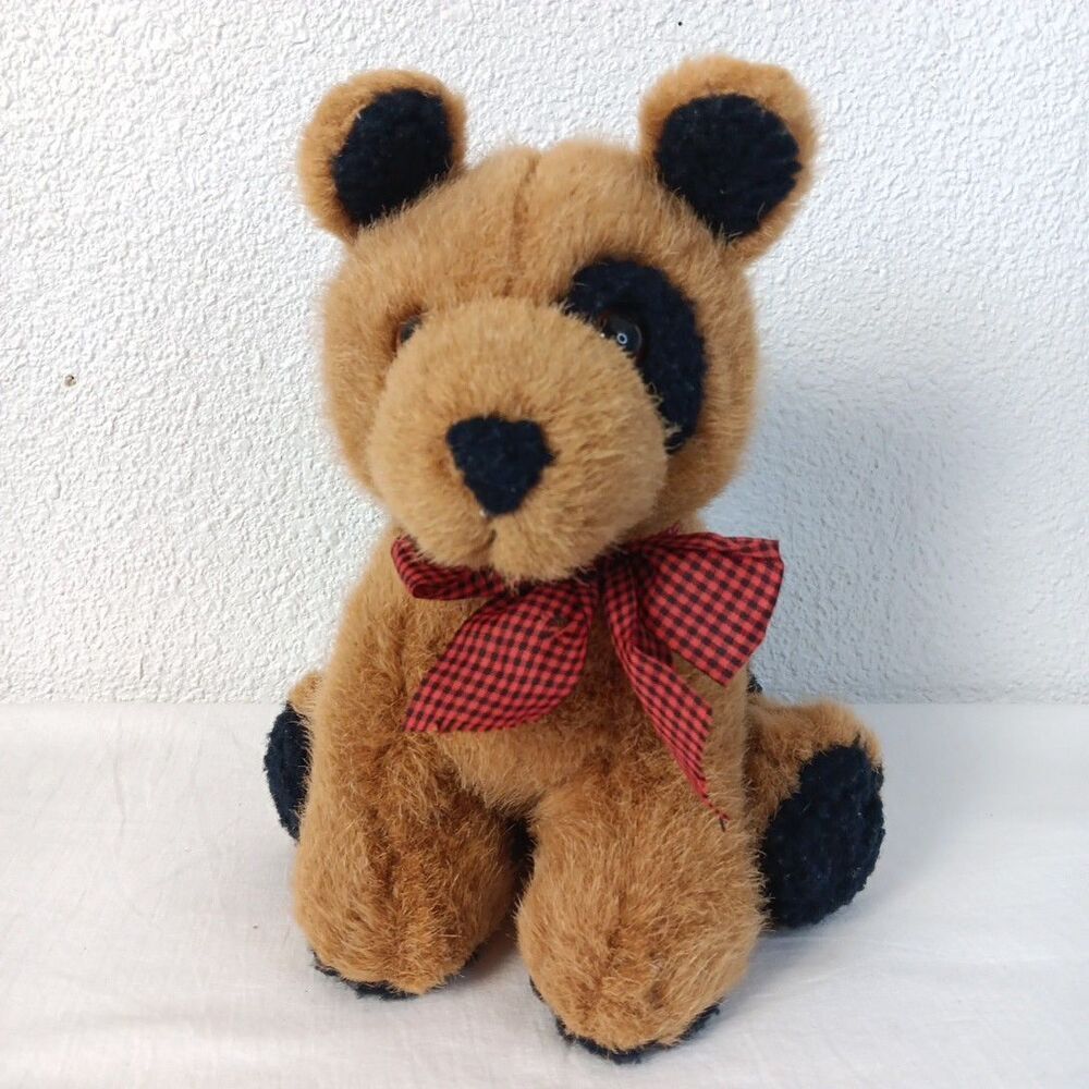 Dakin 1994 Brown Plush Dog Black Wooly Spots Red Gingham Ribbon Stuffed Puppy